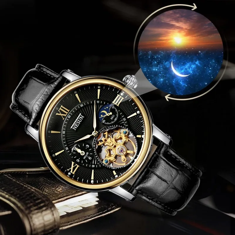 Nesun For Mens Watch Tourbillon Automatic Skeleton Mechanical Wristwatch Sports Leather Switzerland Relogio Masculino New Hombre