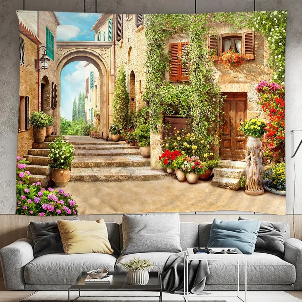 Outdoor Garden Poster Tapestry Tuscan House with Rustic Wooden Doors and Floral Patterns Tapestry Home Patio Decor Wall Hanging