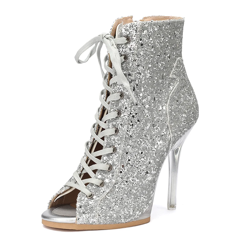 Silver Shiny Platform Pump Dance Shoes Transparent Heel 11.5cm High Dance Heels With Platform Leather Outdoor Dance Shoes