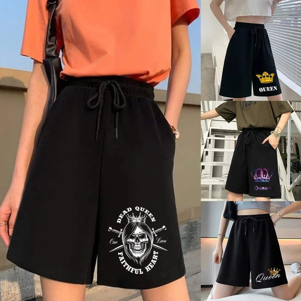 

Women's Harajuku Shorts Korean Students Nine-point Pants Cute Girls Fashion Skull Crown Series Printed Simple Shorts Women