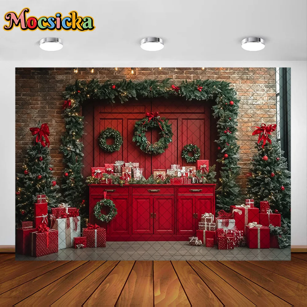 Mocsicka Photography Background Red Christmas Room Xmas Tree Wreath Decoration Backdrop Family Kids Holiday Party Prom Studio