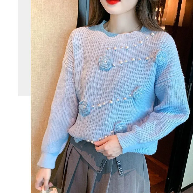 New Autumn and Winter Fashion Lazy Style Design Feeling Nail Bead Hook Flower Round Neck Versatile Western Style Women\'s Sweater