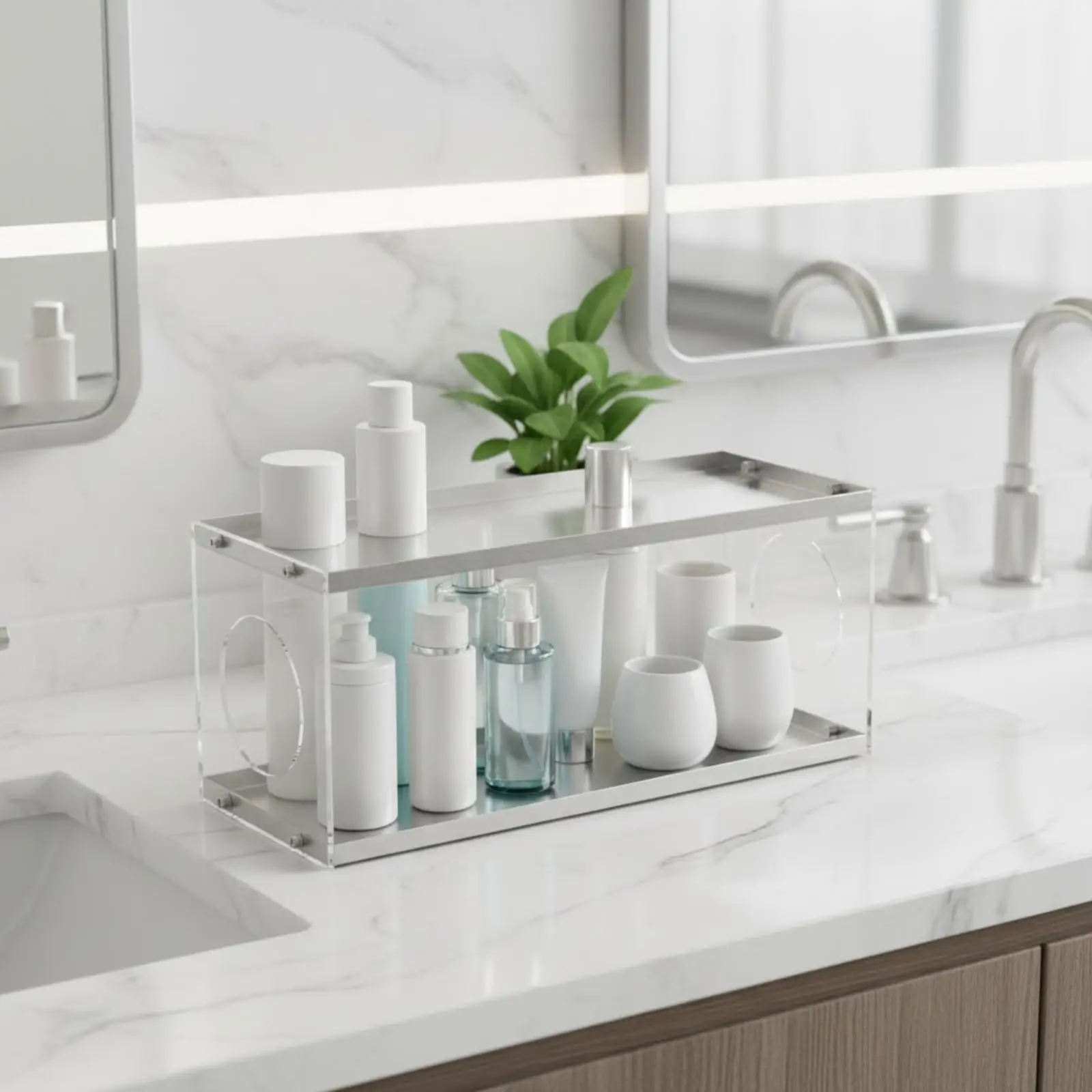 Sturdy Kitchen Counter Storage Rack with Clear Acrylic Sides and Brushed Steel Shelves for Vertical Space Saving Organization