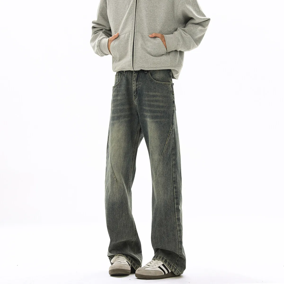 

Retro Blue Flared Jeans Men's Autumn Winter Thickened Fleece Straight Leg Pants Drapey Casual Trousers American Style