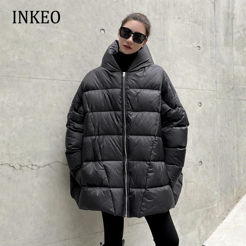 Luxury Women Oversized hooded down jacket fluffy parkas Winter Black Elegant Batwing sleeve puffer coat Ladies INKEO 2O135