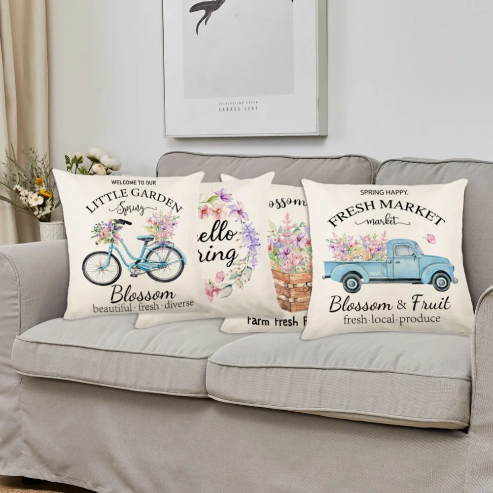 4pcs Printed Back Cushion Cover Set Sofa Bolster Pillowcase Wreath Truck Pattern Pillow Case for Home Decor Living Room 45x45cm