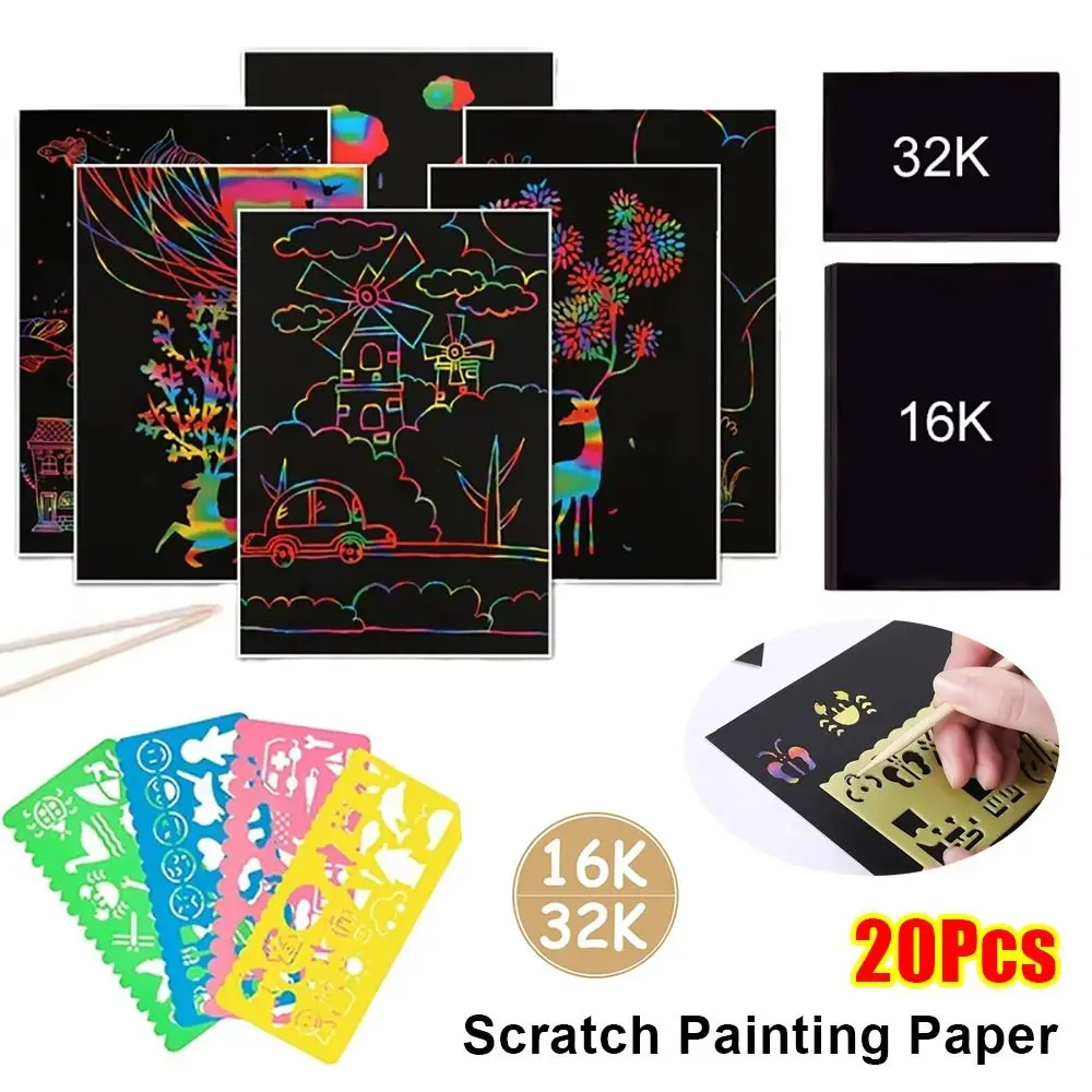 

20 шт. 16/32 К бумага для рисования царапин с бамбуковой палочкой, черная бумага для рисования, сделай сам, креативный Радужный Волшебный граффити, набор для художественной живописи