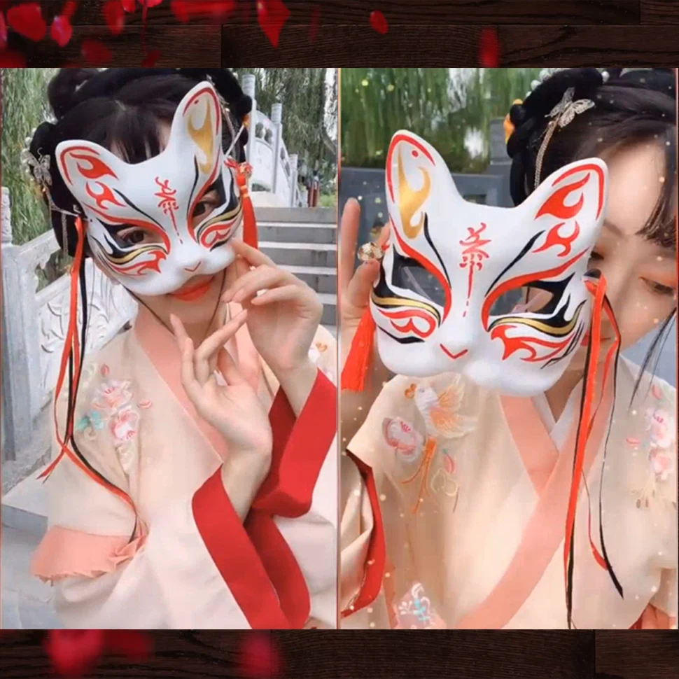 

Толстая Прочная ПВХ маска из китайской лисы ручной росписи для рождественского костюма, косплей Кабуки с животными, полумаски для кошек, маскарадная вечеринка