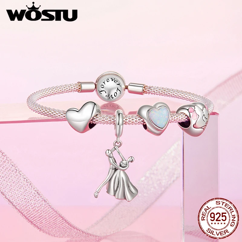 WOSTU 925 Sterling Silver Pink Heart Charms Lover Couple Wedding Pendant Opal Beads Fit for Original Bracelet DIY Valentine Gift