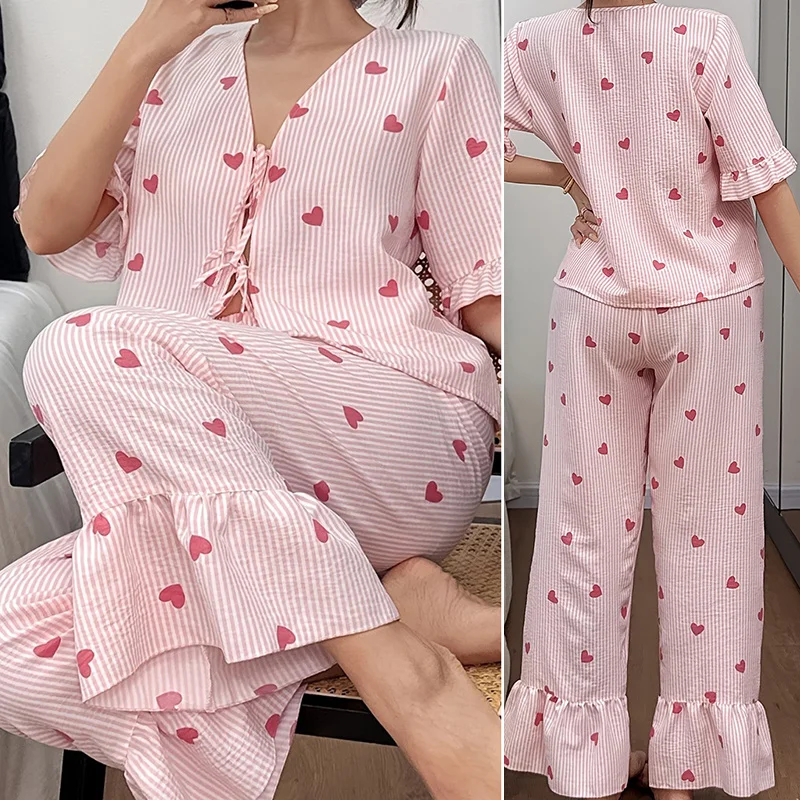

Spring Summer New Women Pajamas Set Sleepwear Sweet Pink Stripes Loungewear Pijamas Suit Sexy Lingerie Suspender Pyjama Homewear