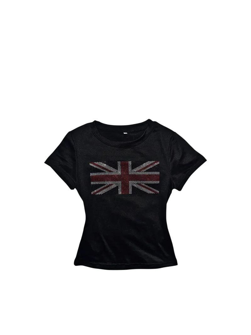 Women Black Crew Neck Crop T-Shirt, UK Union Flag Rhinestone Slim Fit Y2K Short Sleeve Top