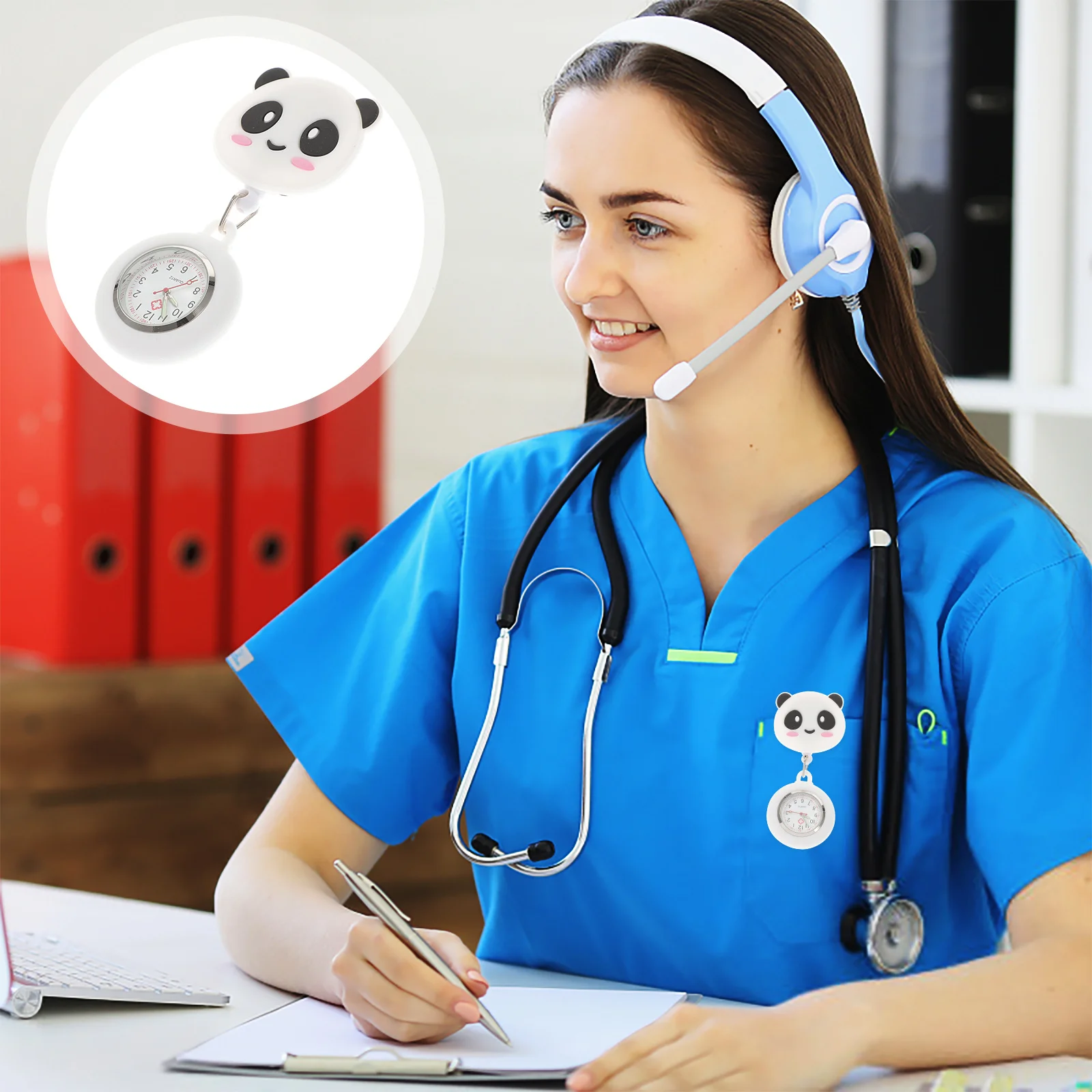 ساعة صدر باندا قابلة للتمدد، مواد مميزة، تصميم بسيط، سهلة الحمل، عملية معلقة، ساعة جيب للممرضات، لون مشرق لطيف