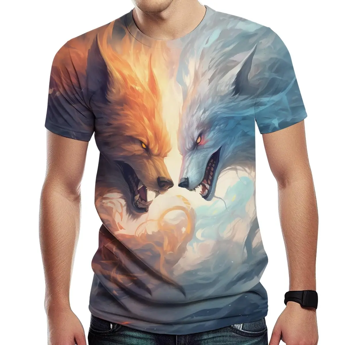 Men's T shirt Fire Wolf Pack Pattern 3D Printed Short Sleeve O Neck Pullover Streetwear Sportshirt Outdoor Oversized Clothing