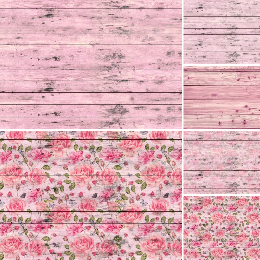 Pink Wooden Plank Photography Background Rustic Floral Pattern Vintage Shabby Pink Rose Flower Backdrop Decor Banner Props