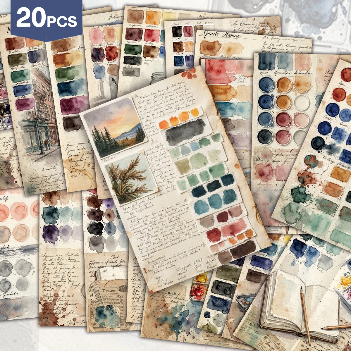 20pcs Vintage Watercolor Swatch Palette Art Postcards,Decor Wall Collage Kit For Bulletin Board,Room Gallery,Album Embellishment