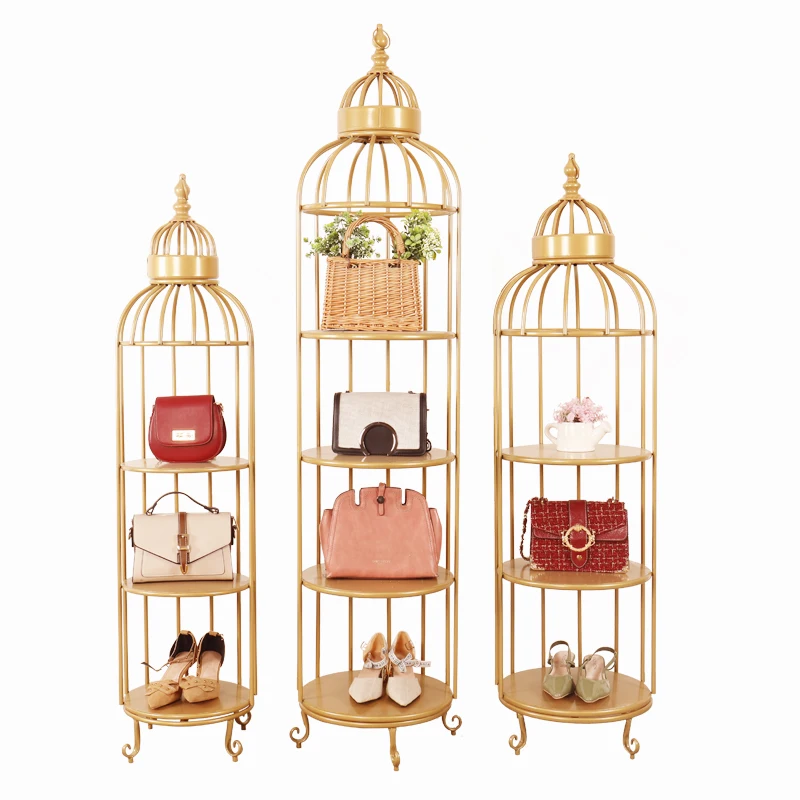 Creative Window Display Rack Clothing Store Wrought Iron Gold Floor-To-Ceiling Multi-Layer Rack Shoe Store Shoe Bag Rack