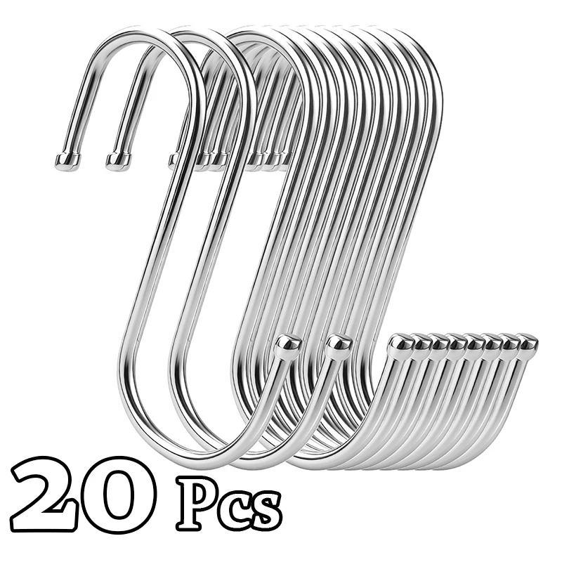 20Pcs Heavy-duty Stainless Steel S-shaped Hooks Rust-proof Kitchen Hooks Arc-shaped Design Saves Space Suitable