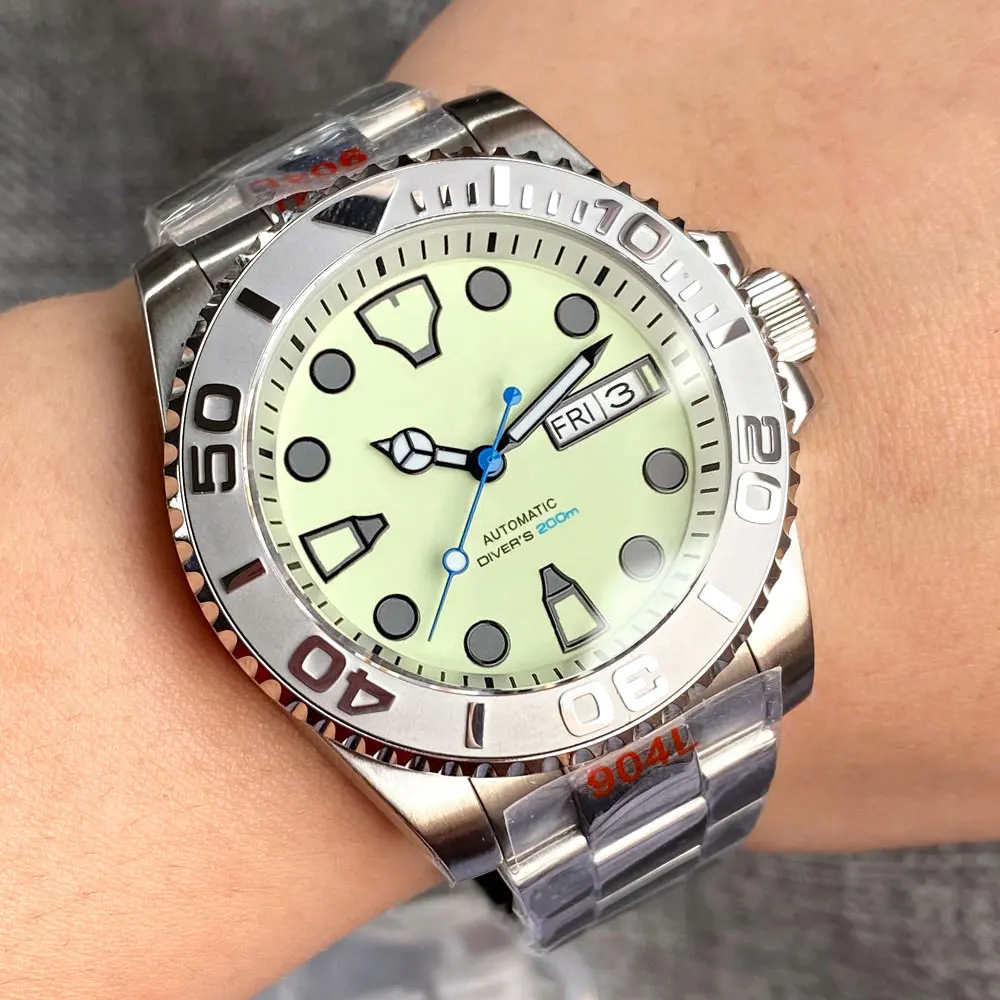 Tandorio 200M Waterproof 40mm Mechanical Dive Watch Men Green Lume Dial NH36 Movement Date Week Steel Bracelet 120Click Bezel