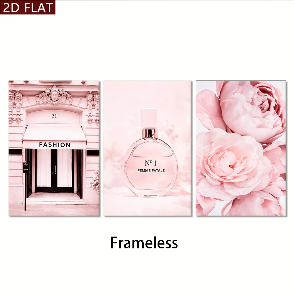 1 set of fashionable theme perfume flower building triple pink series living room porch frameless decorative painting 2D plane