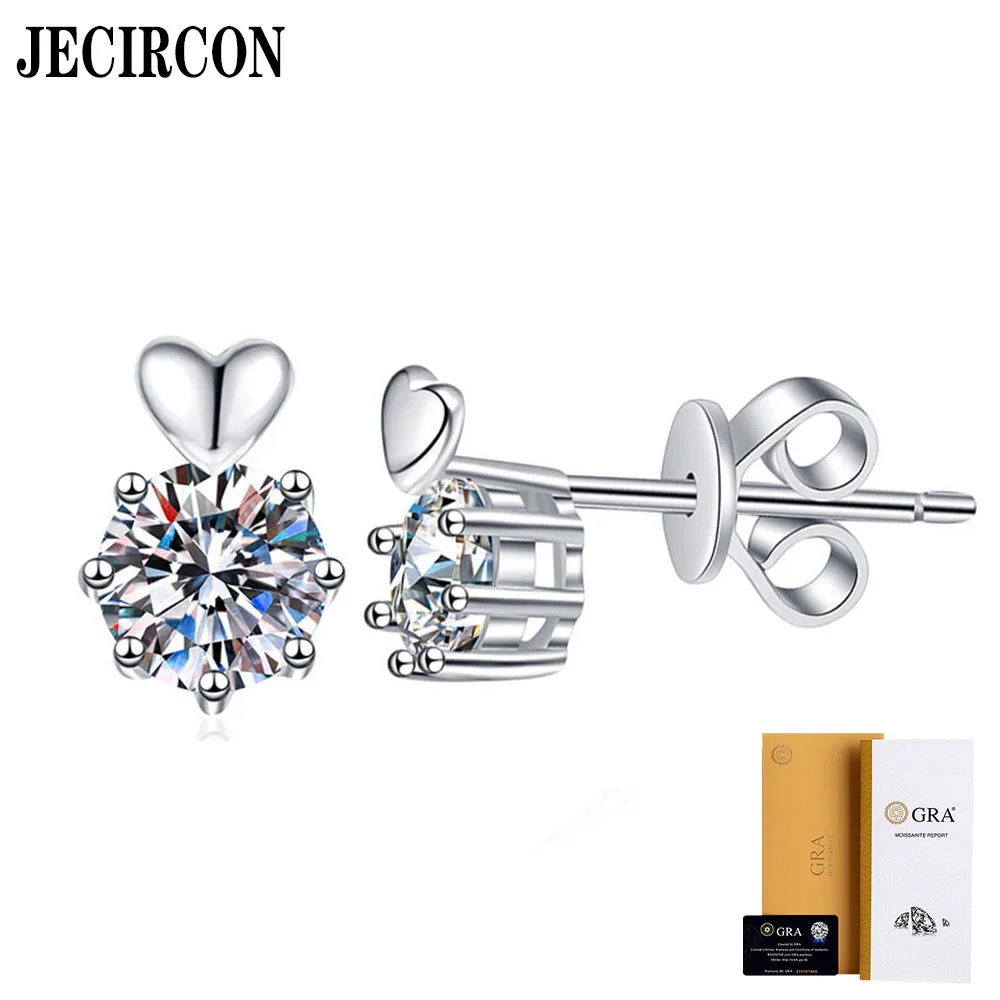 

JECIRCON S925 Sterling Silver Earrings for Women Light Luxury Korean Style Love 6 Claw Moissanite Studs 0.5ct Diamond Jewelry