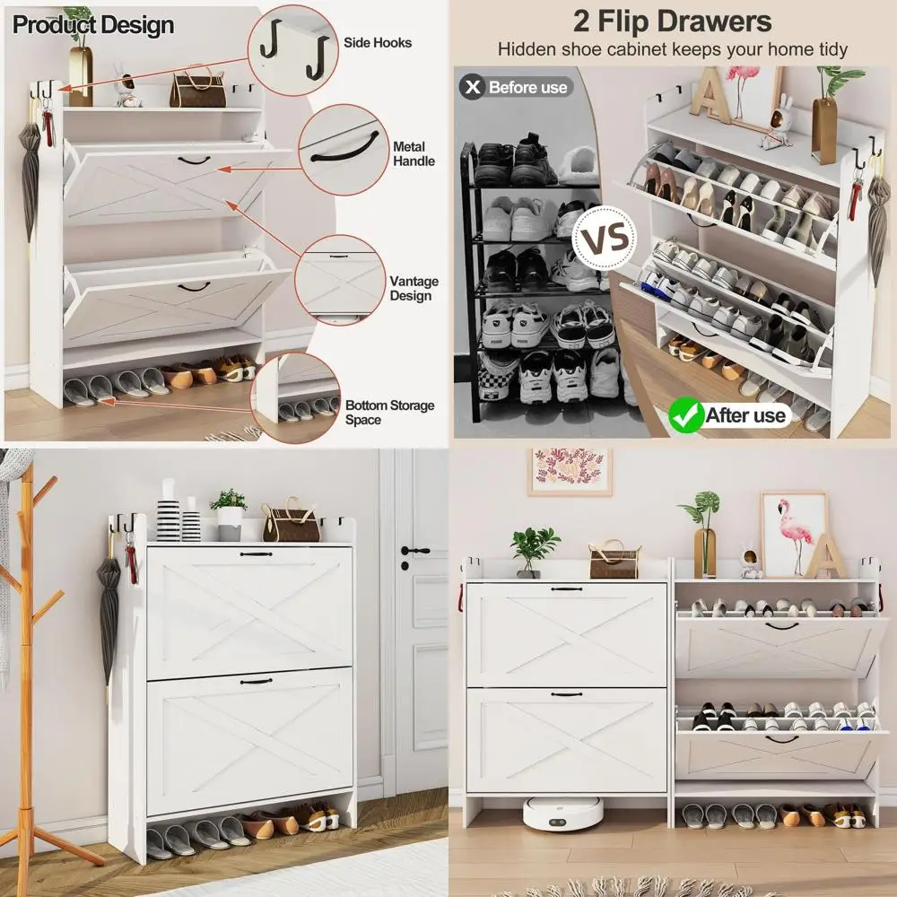 

Деревянный шкаф для обуви с двойными распашными дверцами и регулируемыми полками, отдельно стоящий, для прихожей и коридора (белый)