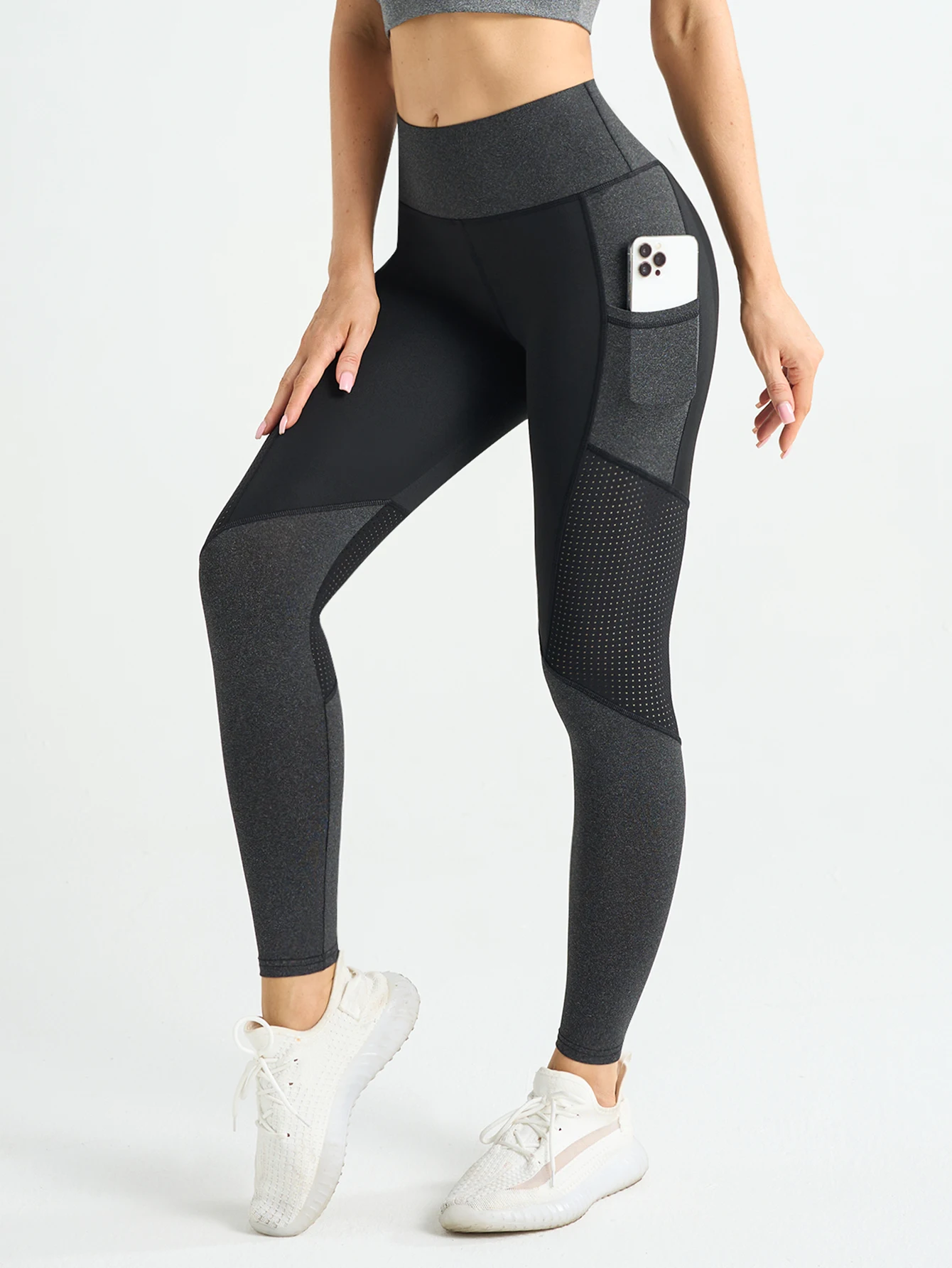 Perforierte Mesh-Taschen-Yoga-Leggings für Damen, Hochtaillierte Kontrastfarbene Kompressions-Workout-Gym-Hose