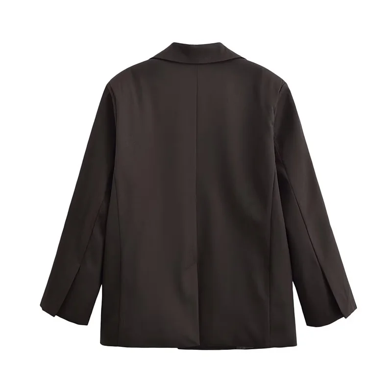 معطف نسائي شتاء 2025 جديد بني عميق كم طويل بسيط فضفاض مناسب بزر واحد سترة موضة غير رسمية نمط متعدد الاستخدامات