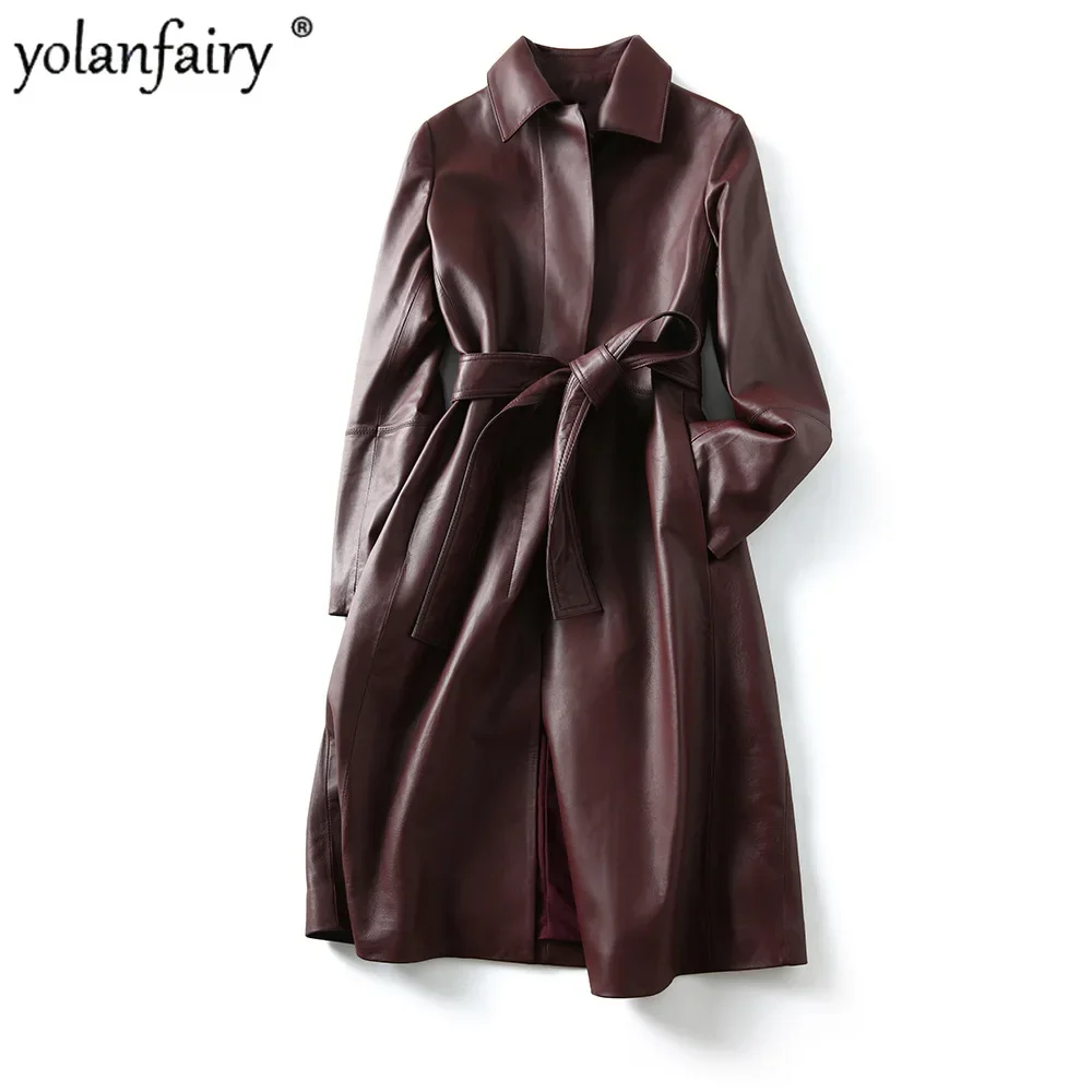 YOLANFAIRY Spring Genuine Leather Sheepskin Coat Women's Mid Long Natural Leather Clothes Fashion Windbreaker Coats and Jackets