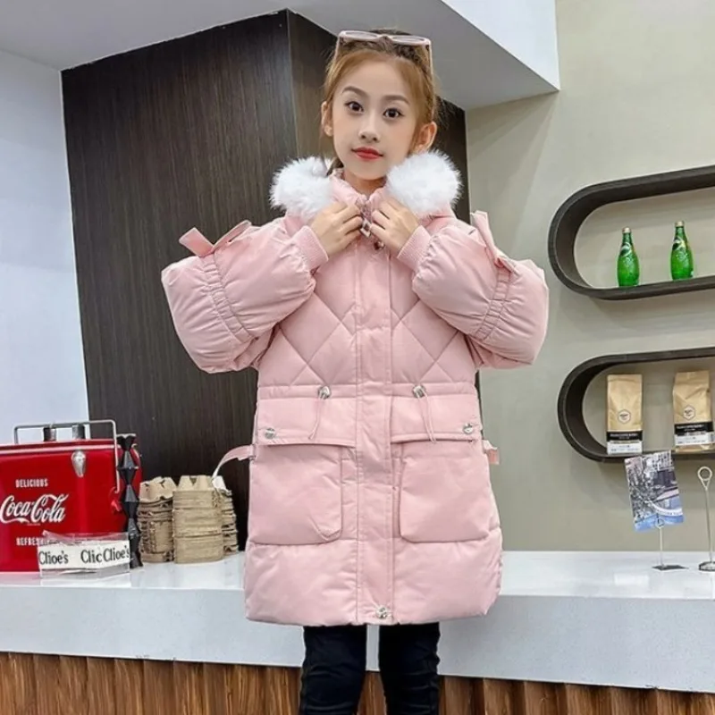 

Новинка 2025, утепленное пуховое пальто средней длины для девочек, стильная зимняя куртка на флисовой подкладке с хлопковой подкладкой для высоких девочек-малышей, детей