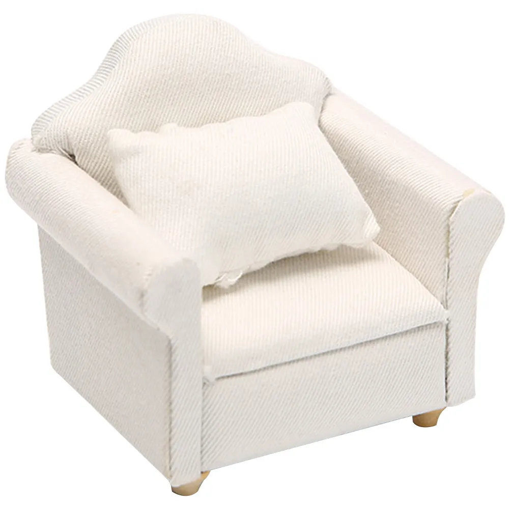 

Miniature White Single Sofa Realistic Appearance Micro Landscape Decor Mini Wooden Single Sofa Pillow Cushion Armchair Furniture