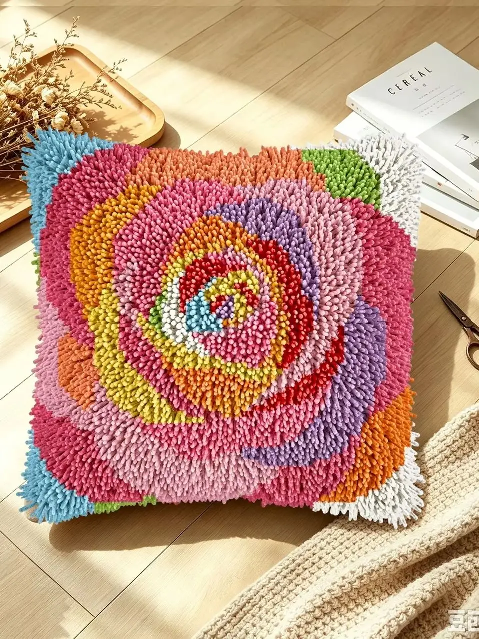 1 Set Regenbogen-Rosenknoten-Kissen-Set mit Häkelnadel, Kissenbezug-Set für Handarbeiten, Häkelnadel-Sets, DIY, anfängerfreundlich, zum Sticken – Detail 1