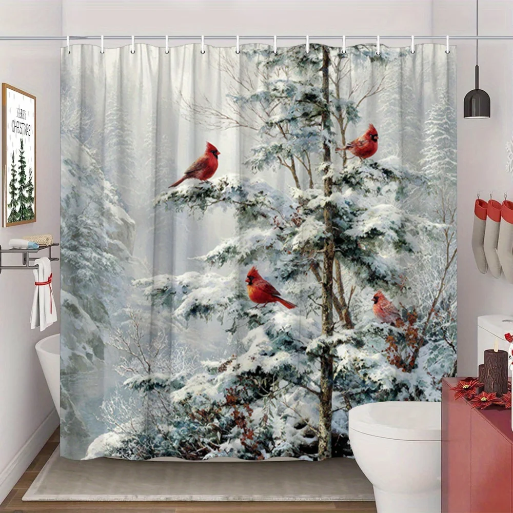 1pc Winter Cardinal Shower Curtain,Red Birds Snow Forest Christmas Tree Gift Boxes, With Hooks, Christmas Festive Bathroom Decor