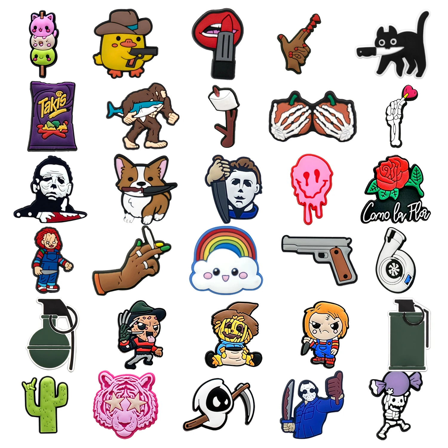 1/30 szt. Śmieszne Zwierzęta Pies Kaczka Kot Ozdoby do Butów dla Kobiet Dzieci PVC Pistolet Granat Turbina Akcesoria do Butów Dekoracja Pin Chodaki