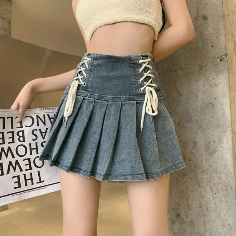 Korean Chic Blue Denim Skirt for Women 2025 Summer New High Waist A-line Skirts Y2k E-Girl Drawstring Bow Faldas Mujer