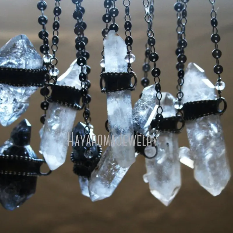 NM43394 Double Terminated Tibetan Quartz Crystal Point Necklace Gunmetal Disk Chain Pendulum Talisman Wicca Witch Gothic Jewelry