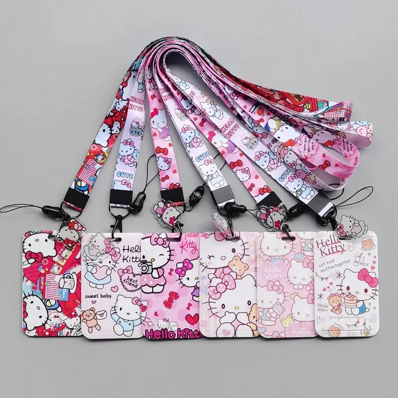 Hello Kitty Anime Printing Push Fit Card Holders Card Wallet Cartoon Peripherals Credential Holder Long Rope Ferrule Kids Gift