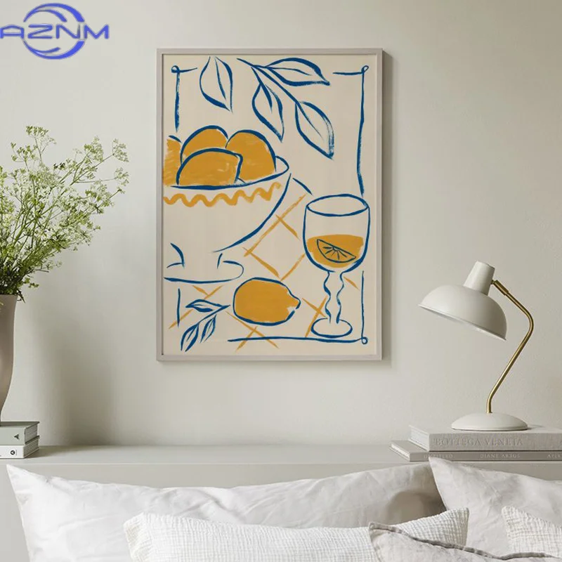 AZNM Retro Lemon Yellow Dress African Woman Sun Fish Canvas Print Poster Wall Art Decor Paintings Mediterranean Pictures Living