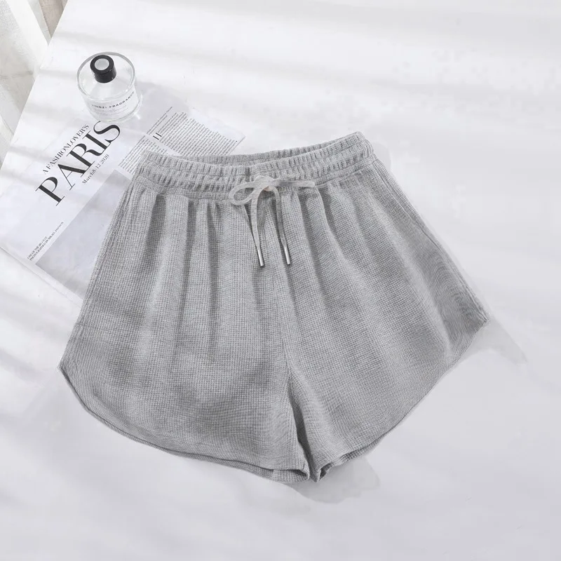 Pantaloncini, completo da migliore amico a vita alta con waffle da donna, sport per studenti, vestibilità ampia, dimagranti, pantaloni casual a gamba larga per la casa