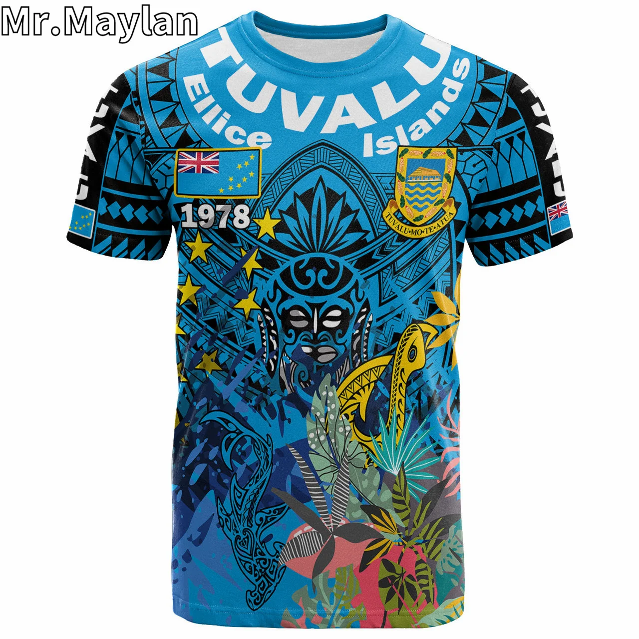 Custom 3D Tuvalu Ellice Islands Polynesian T-shirt Men Tuvalu Coat Of Arms With Tropical Flowers And Matau 1978 Unisex Tee Tops