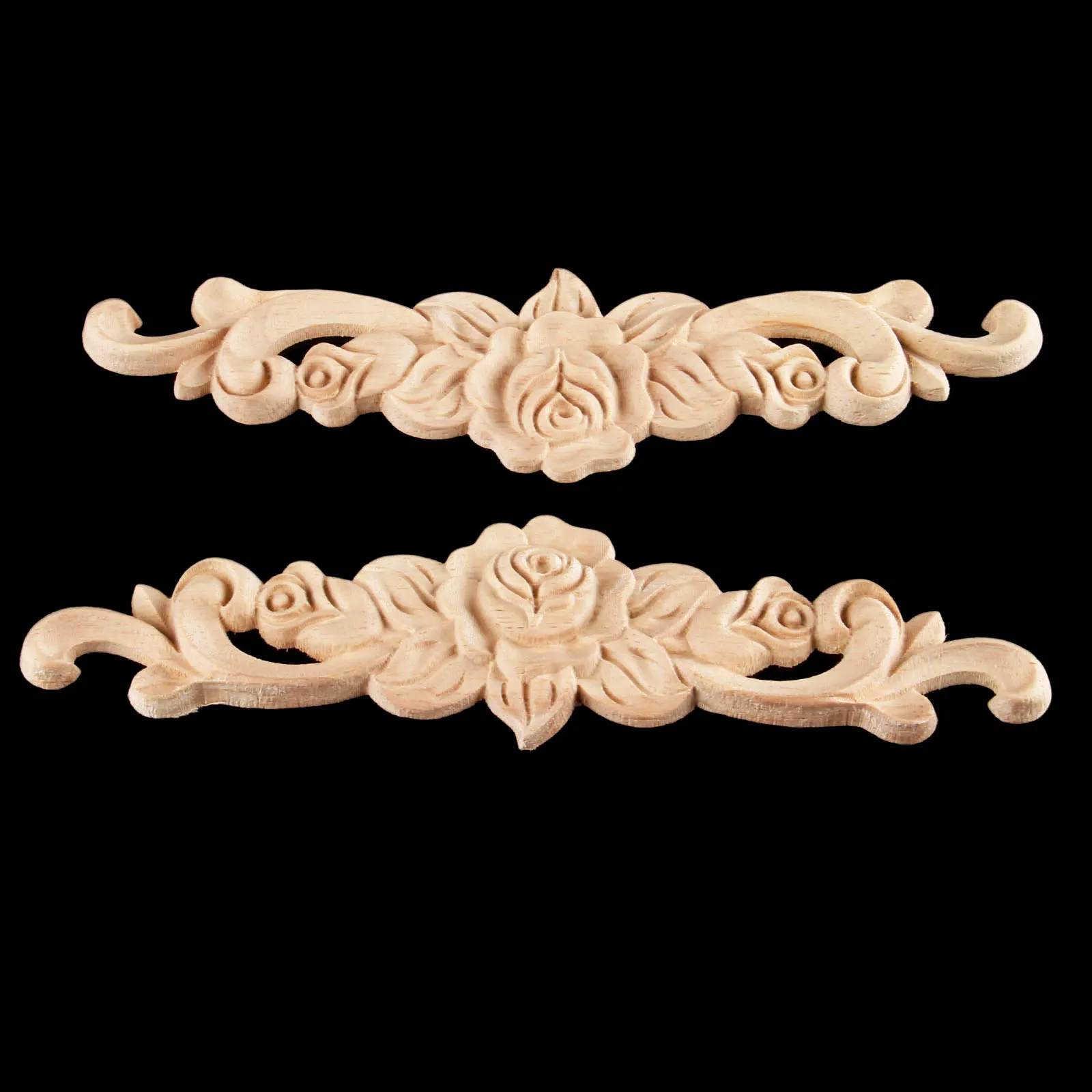 1PC Wood Carved Applique Mouldings Long Onlay Unpainted Rose Flower Door Home Decor Sculptures for Home British Farmhouse Style