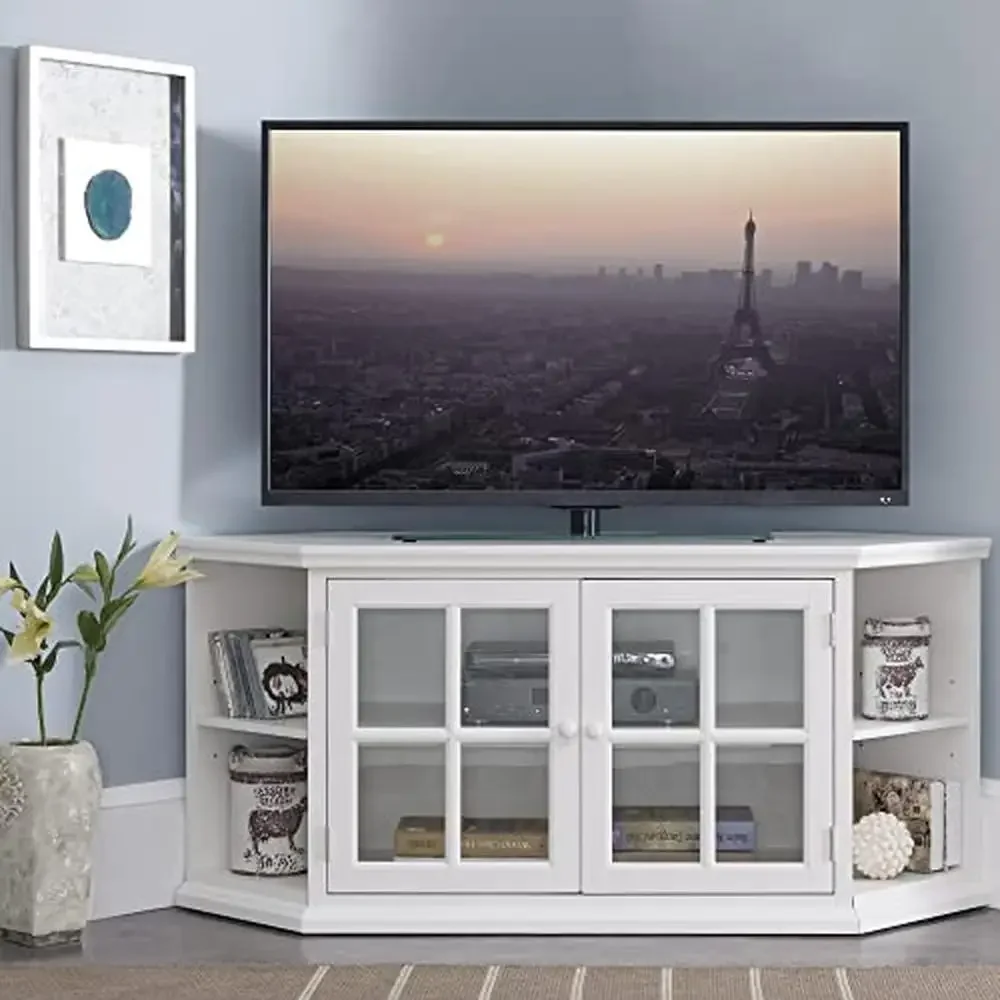 Corner TV Stand with Adjustable Shelves & Beveled Glass Cottage White 60-inch TV Easy Assembly 108 lbs.