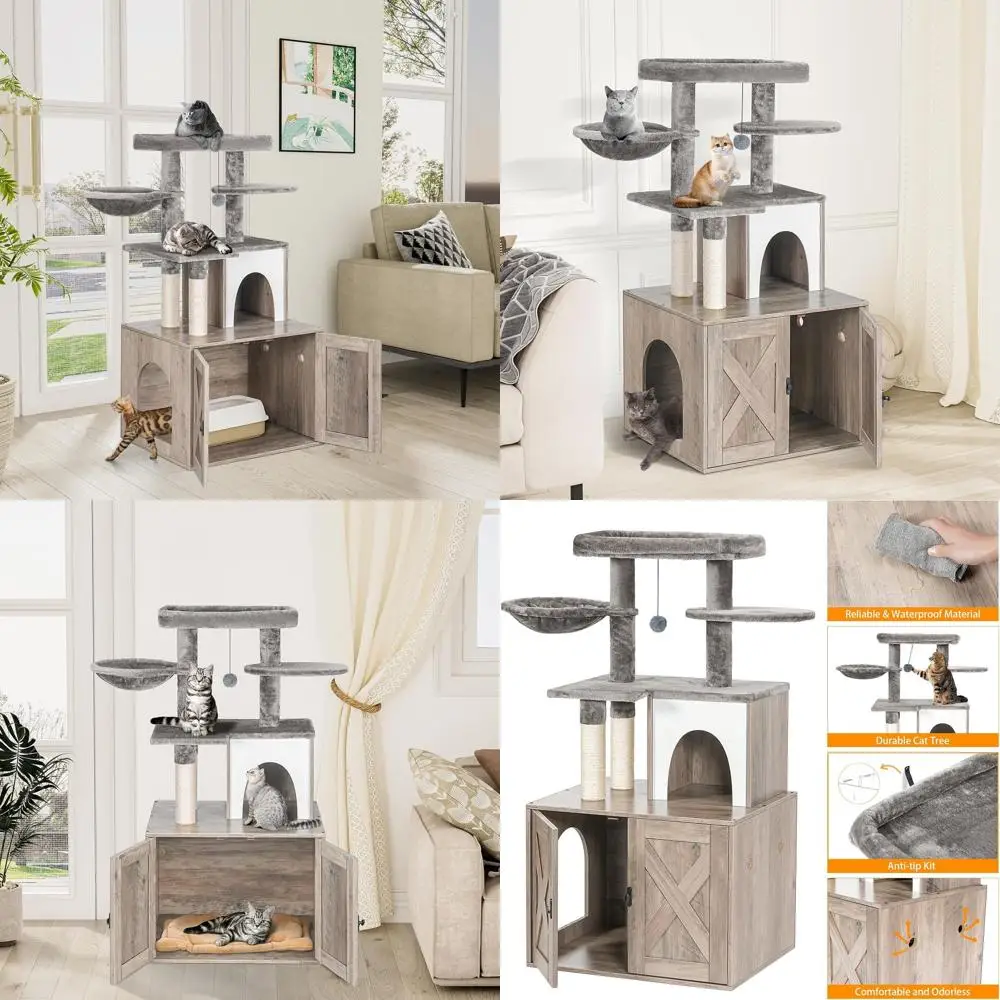 

Cat Litter Box Enclosure with Tree Tower and Condo, Hidden Washroom Furniture, Sisal Scratching Post, and Soft Plush Perch, Wood