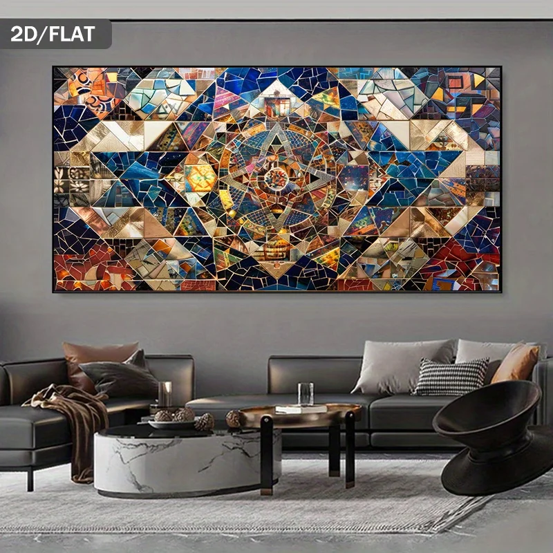 

2D Flat Modern Abstract Colorful Mosaic Artwork with Geometric Designs. This Canvas Painting Serves As Wall Art for Living Room