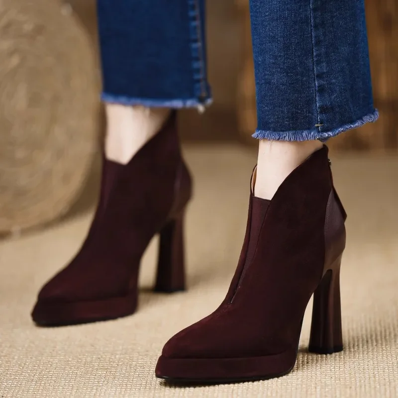 

Women High Heeled Boots Quality Suede Casual Boots Temperament Pointe High Heel Ankle Boots for Women High Heel Platform Booties