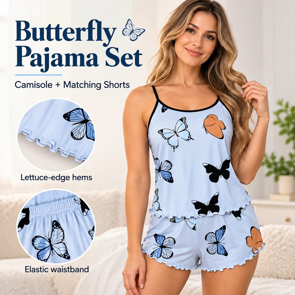 Women's Butterfly Print Camisole and Shorts Pajama Set Lettuce Trim Elastic Waist Sleeveless Sleepwear in Sizes S to XXXL