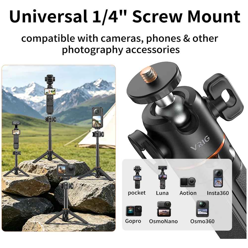 VRIG TP-44 Mini Selfie Stick Tripod 360° Ball Head Quick Release for GoPro Insta360 DJI Action Camera Vlog POV Photography