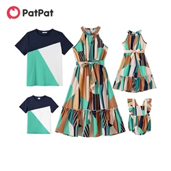 PatPat Family Matching Outfits Colorblock Sleeveless Belted Halter Dresses and T-shirts Sets