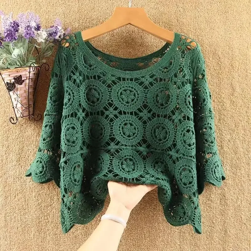 Women 2024 New Spring Summer New Hook Flower Hollow Loose Pullovers Female Shawl Knitted Tops Ladies Short Jumper Sweater Tops