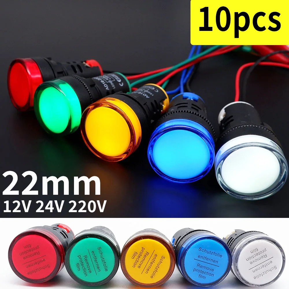 10pcs 22mm Panel Mount Plastic Indicator Light LED Signal Power Supply Lamp 12v 24v 220v Red Yellow Blue Green White Warning