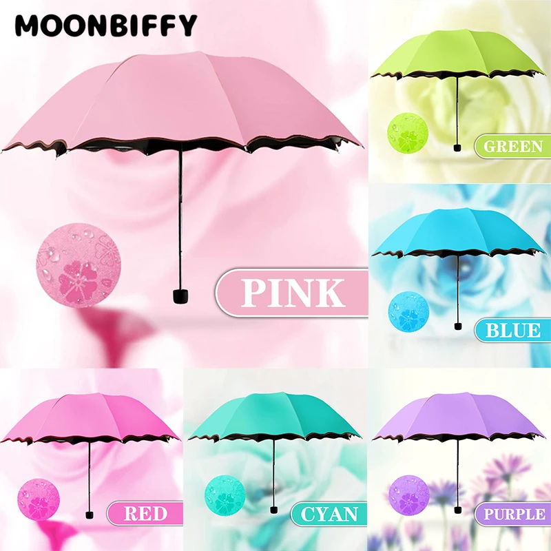 Ladies'sunshine Umbrella Blossoms In Water Changes Color Parasol Umbrella Triple Fold Black Rubber Sunscreen UV Woman Umbrellas